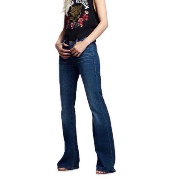 True Religion Fey Flare Jeans Size 25 Dark Blue Stretch High Rise West 70s *flaw - Picture 2 of 14